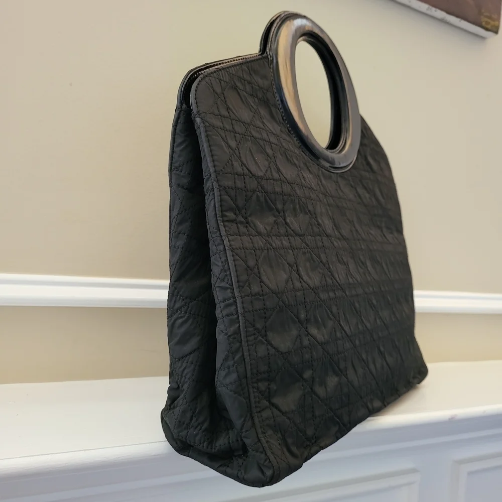 Christian Dior Cannage Tote Hand Bag Quilted Leather Cloth Black...Auth,,w/COA